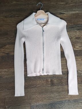 Mango Cream Ribbed Zip-Front Cardigan with Collar